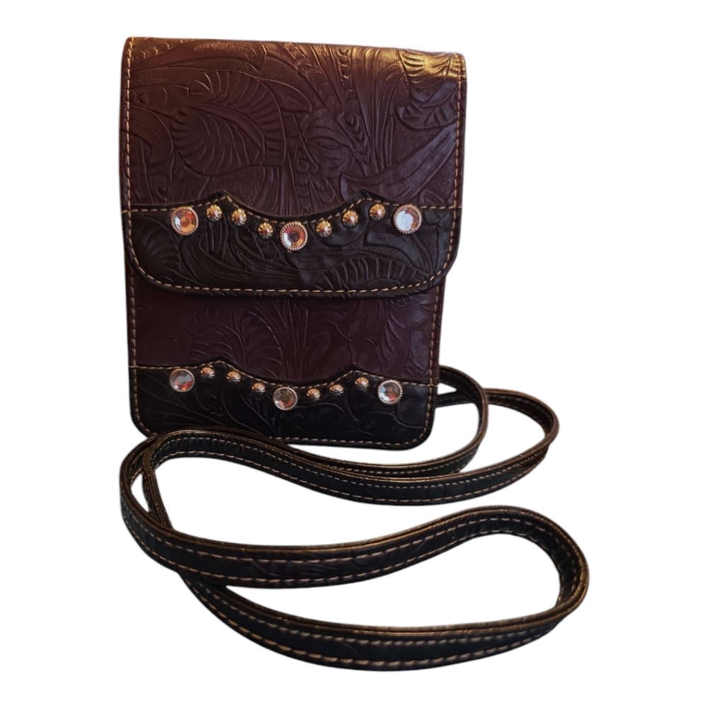 Tooled Western Style Mini Crossbody Faux Leather Black Burgundy Rhinestones